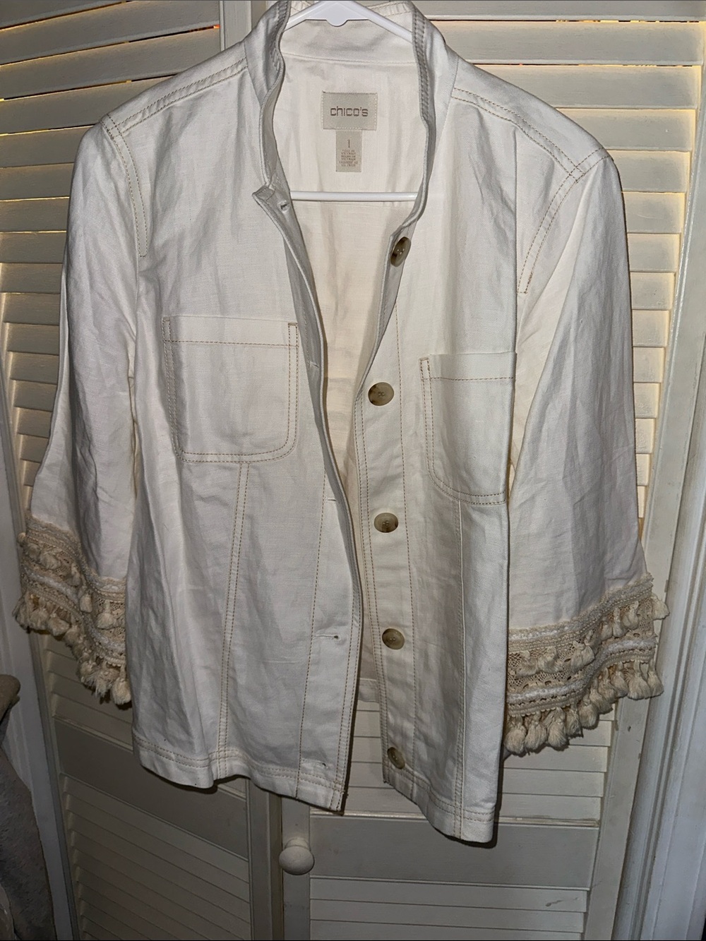 Chico's Cream White Button-Front Jacket with Tassel Trim
